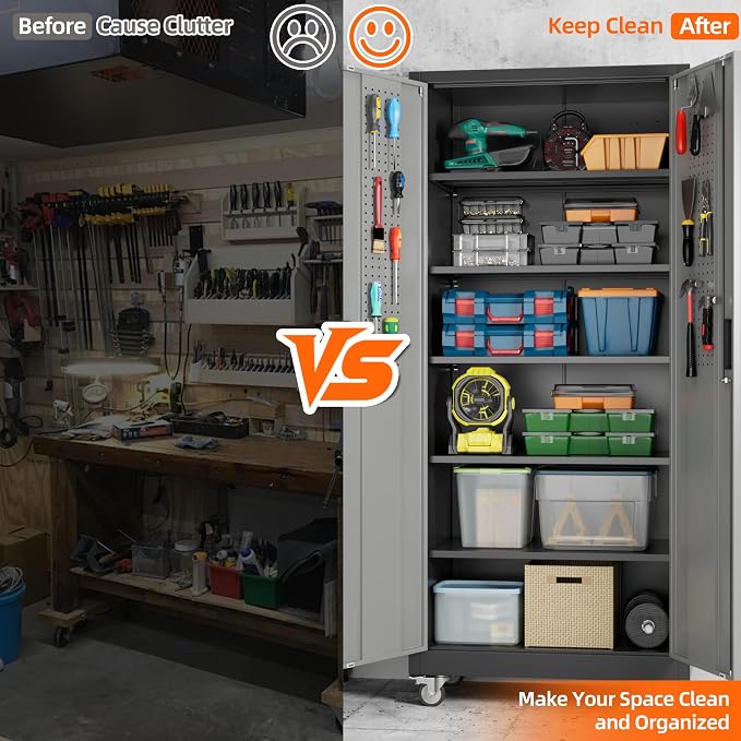 Garage Storage Cabinet with Wheels and Pegboard, Assembly Required - Image 5