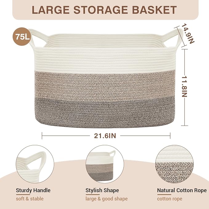 YOUDENOVA Nursery Storage Basket，21.6''×14.9''×11.8'' Rectangle Cotton Rope - Image 2