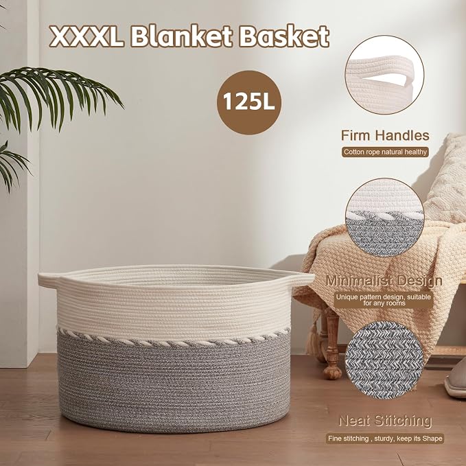 OIAHOMY 125L Extra Large Blanket Basket, Jumbo Laundry Hamper, Cotton Rope - Image 5