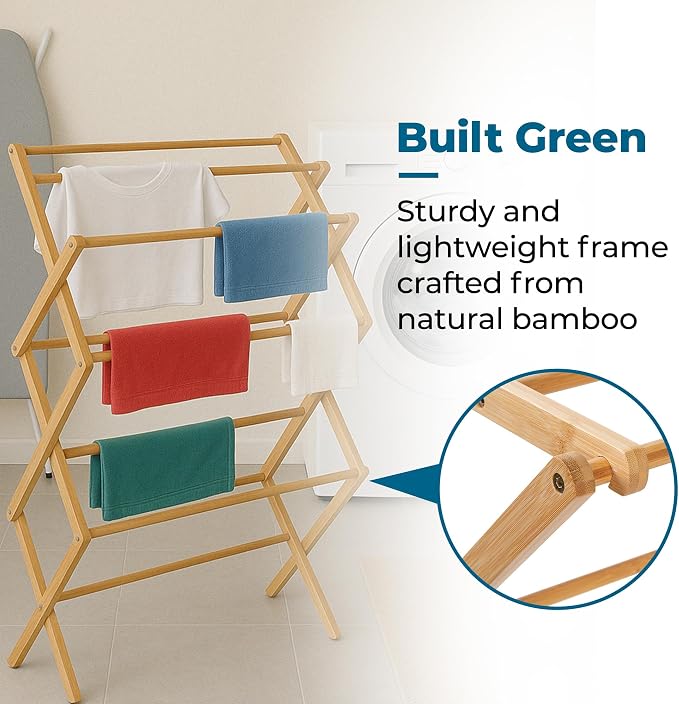 Honey-Can-Do Collapsible Bamboo Drying Rack – Sturdy & Foldable Laundry Drying - Image 4