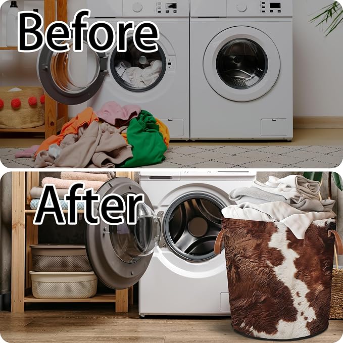 Cow Print Brown Laundry Hamper Waterproof Collapsible Basket - Image 5