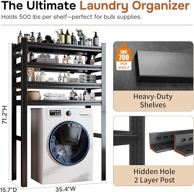 Over Washer and Dryer Shelves, 5 Tiers Adjustable Height Laundry Room Storage - Image 2