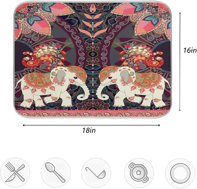 Vintage Indian Elephants Peacock Absorbent Dish Drying Mat, 16 Inch x 18 Inch - Image 4