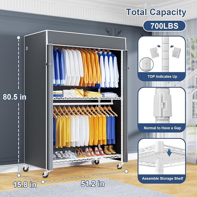 P8C Heavy Duty Clothes Rack（With Extended Width Design） Rolling Clothing Racks - Image 2