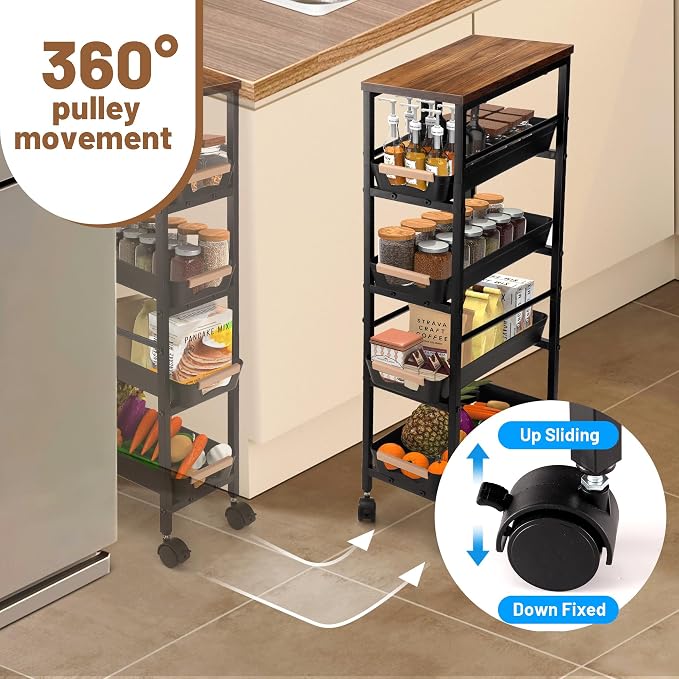 Slim Storage Cart, 5-Tier Narrow Rolling Kitchen Laundry Room Cart - Image 4