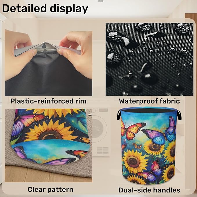 Butterfly Sunflower Laundry Basket, Heavy Duty 60L Dirty Clothes Hamper - Image 5