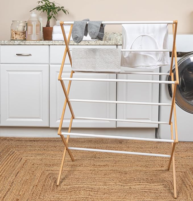 Household Essentials Bamboo Folding Clothes Drying Rack | White Finish - Image 2