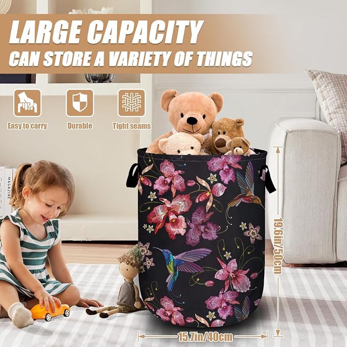 Pink Flower Hummingbird Laundry Basket, Foldable Waterproof Laundry Hamper Tote - Image 2