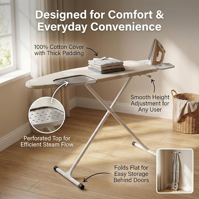Beige T-Leg Ironing Board with Cotton Cover, Height Adjustable, Home Use - Image 3