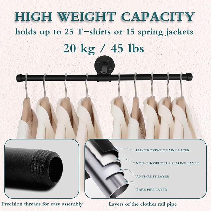 Cast Iron Wall Mounted Clothes Rack, T Shaped Industrial Pipe Clothing Bar - Image 3
