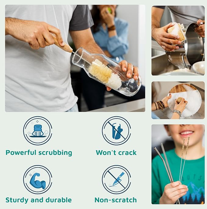 Bamboo Dish Brush Set – Eco Kitchen Cleaning Kit | Bottle Brush, Straw Brush - Image 3