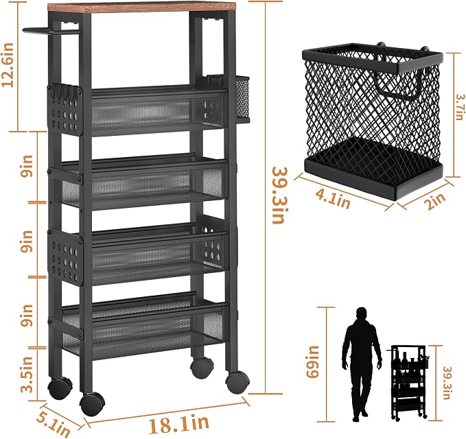 TORIBIO Slim Storage Cart, 5 Tier Narrow Kitchen Rolling Cart - Image 2