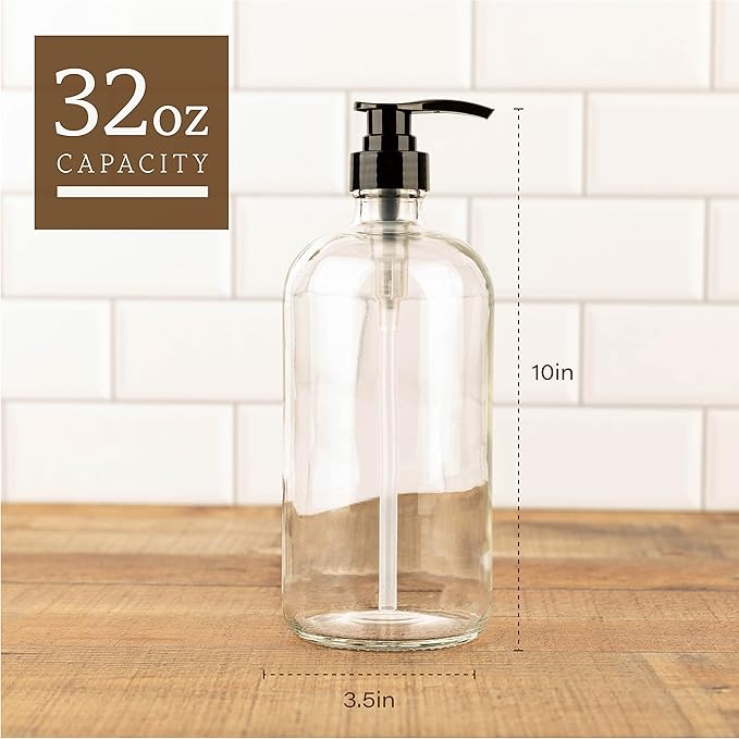 kitchentoolz 32-Ounce Pump Bottles, Large Clear Glass Boston Round Bottles - Image 2