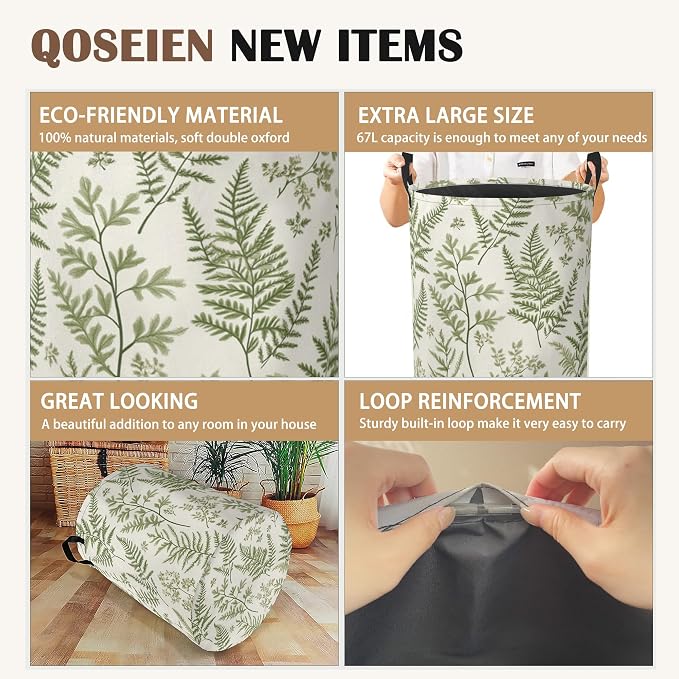 Sage Green Collapsible Laundry Baskets, Eucalyptus Leaves Laundry Hamper - Image 2