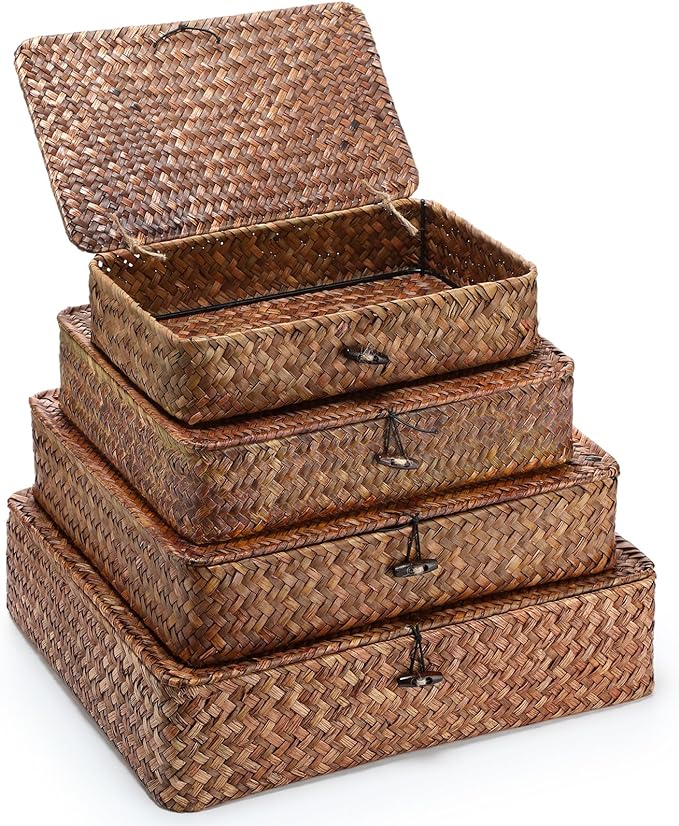Set of 4 Seagrass Basket with Lid Wicker Storage Basket Decorative Storage by Didaey