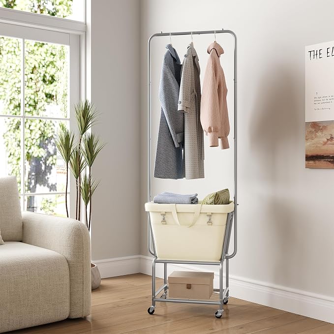 ELYKEN Laundry Cart with Hanging Rack, Rolling Laundry Hamper with Wheels - Image 2