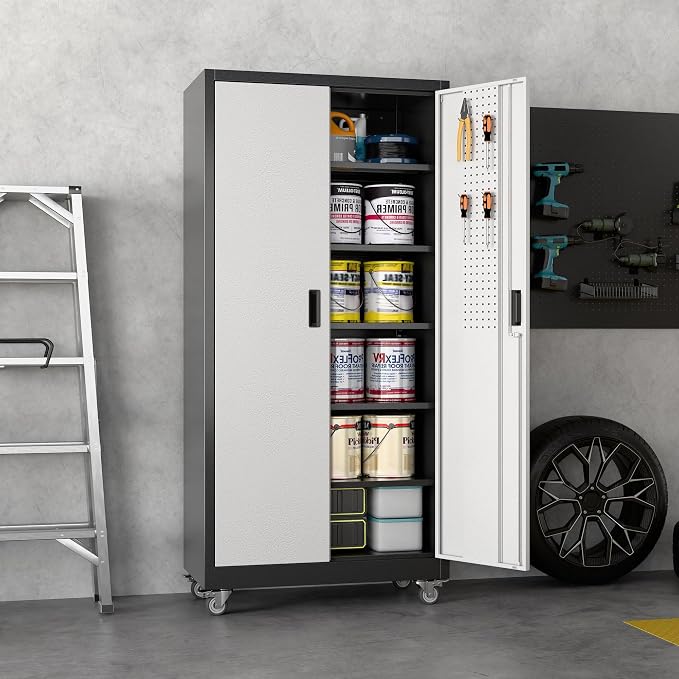 Garage Storage Cabinet with Wheels & Pegboard, Lockable Metal Storage Cabinet - Image 8