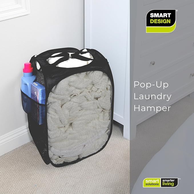 Smart Design Deluxe Mesh Pop Up Square Laundry Hamper w/ Side Pocket & Handles - Image 7
