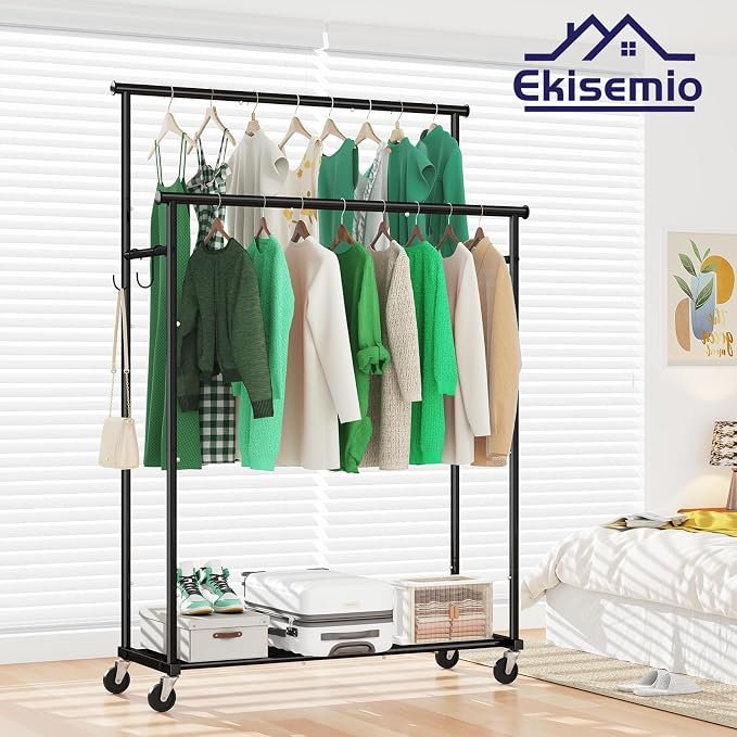 Double Rods Clothes Rack with Wheels Load 400 LBS, 45 Inch Rolling Clothing Rack - Image 2