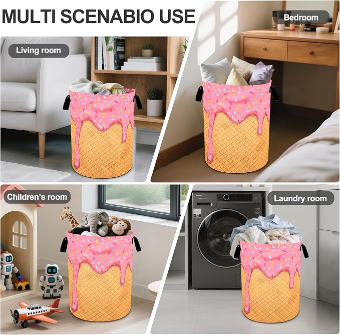 Pink Ice Cream Laundry Basket Foldable Oxford Cloth Tote Bag Laundry Hamper - Image 5