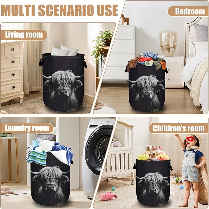 Highland Cow Laundry Basket, Foldable Waterproof Black Laundry Hamper Tote Bag - Image 7