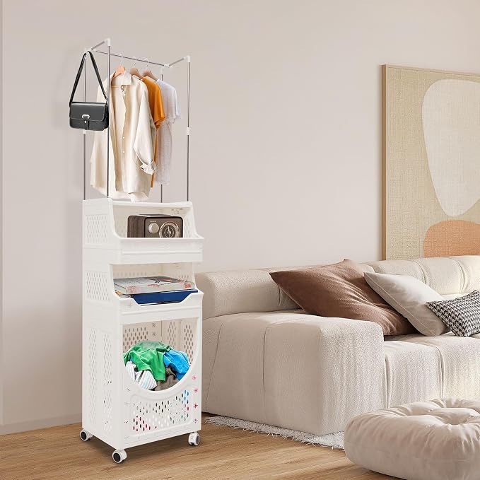 Laundry Basket with Wheels, Laundry Hamper Cart with Hanging Clothes Rack - Image 3
