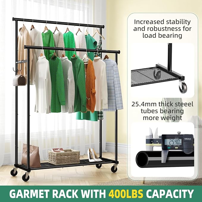 Double Rods Clothes Rack with Wheels Load 400 LBS, 45 Inch Rolling Clothing Rack - Image 4
