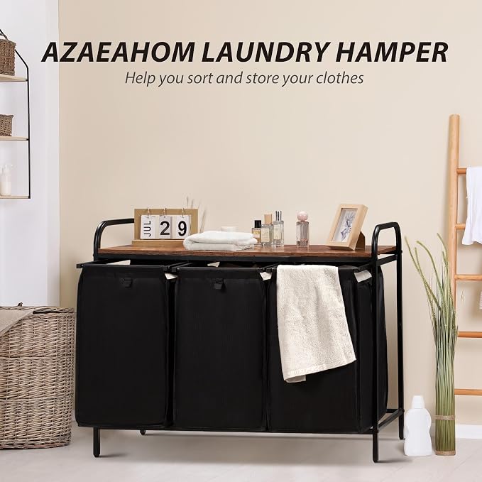 3 Section Laundry Hamper with Shelf, Laundry Basket Organizer with 3 Pull-Out - Image 2