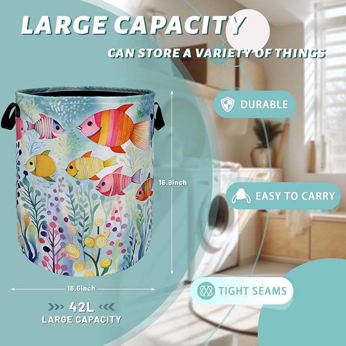 Watercolor Fish Laundry Basket Foldable - Image 2