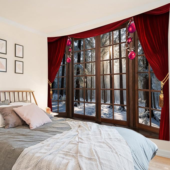 LB Christmas Winter Tapestry, Window Outside Snowy Pine Tree in Forest Wall by LB