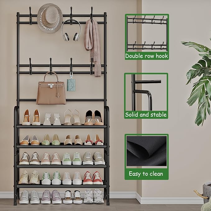 Coat Rack Shoe Rack With Storage Shelf Freestanding with 8 Hooks - Image 4