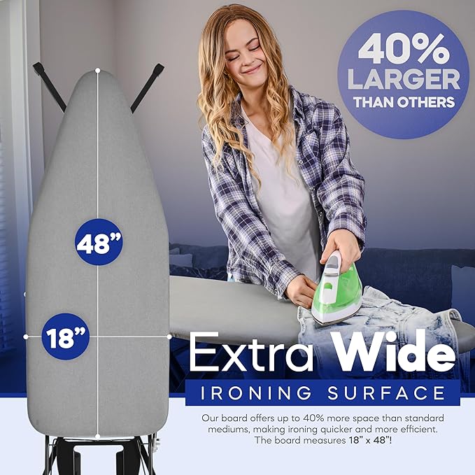 Extra-Wide Ironing Board – 48"×18" Large Surface • Built-in Clothes Rack - Image 2