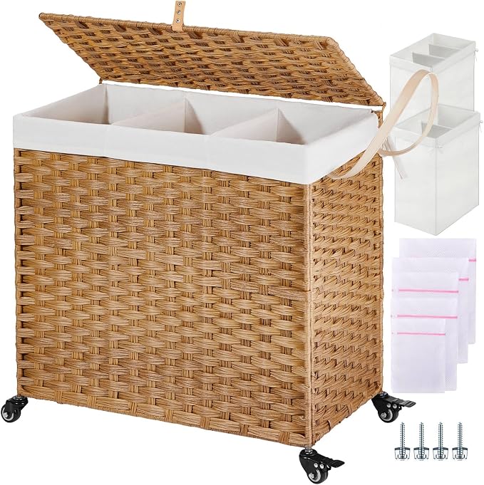 Greenstell Laundry Hamper with Wheels&Lid, 130L Large 3 Sections Clothes Hamper by Greenstell