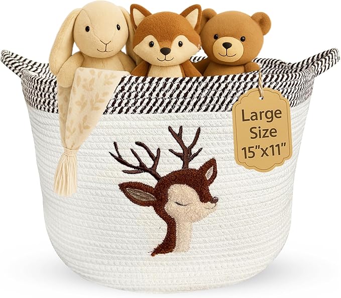 Deer Storage Basket for Nursery – Large 15”x11” Cotton Rope Bin by KeminaBlankets
