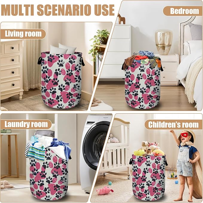 Pink Paw Print Laundry Basket, Foldable Waterproof Laundry Hamper Tote Bag - Image 7