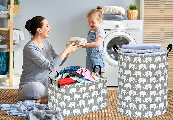 KUNRO Round Laundry Gift Basket Storage Hamper, Clothes Storage Organizer Bins - Image 6
