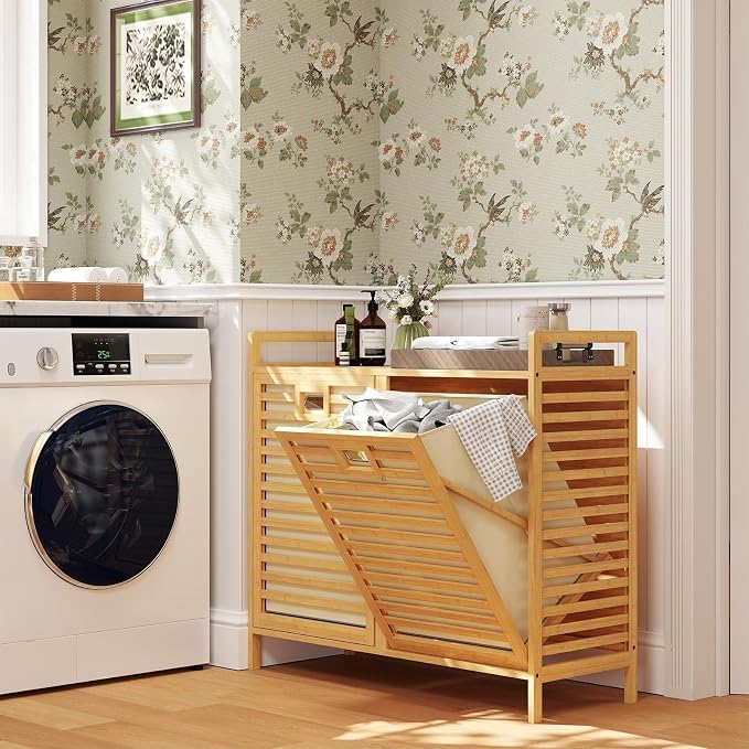 Bamboo Laundry Hamper, 75L Double Tilt-Out Laundry Basket - Image 7