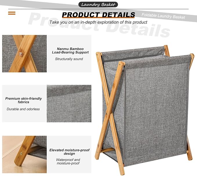 Large-Capacity Foldable Laundry Basket Freestanding Laundry Hamper Nan Bamboo - Image 9