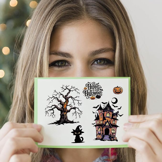 CRASPIRE Witch Rubber Stamps Happy Halloween Web Bat Moon Night Castle Pumpkin - Image 6