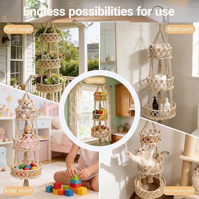 3 Tier Hanging Fruit Baskets for Kitchen, Macrame Plant Hanger Cotton Rope - Image 6