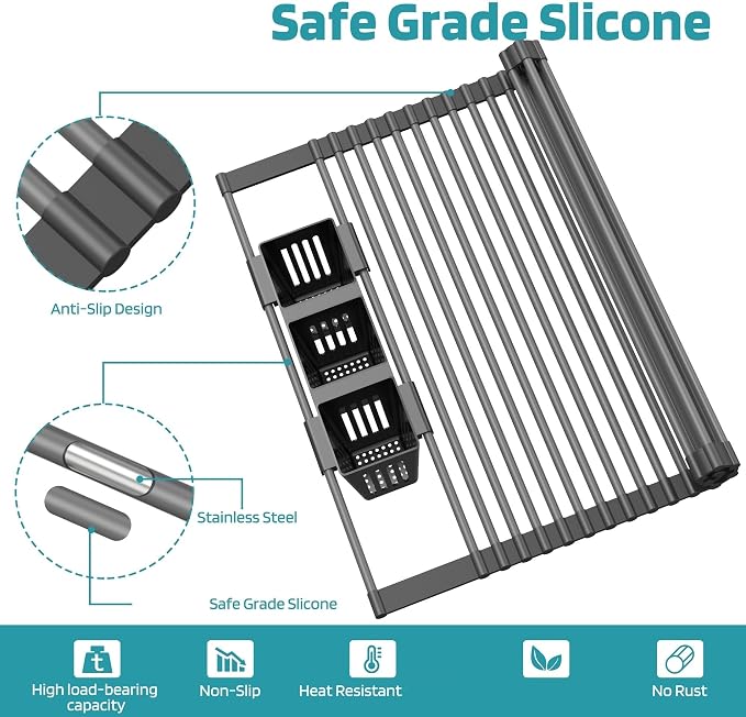 Roll Up Dish Drying Rack, Silicone Wrapped Over The Sink Multipurpose Foldable - Image 3