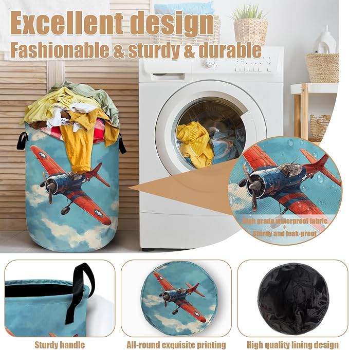 Vintage Airplane Laundry Basket, Foldable Laundry Hamper Tote Bag Dirty Clothes - Image 4