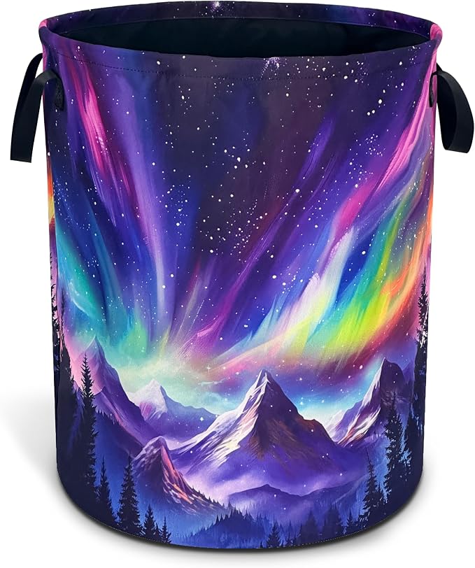 Aurora Mountains Laundry Basket Night Sky Forest Foldable Waterproof Oxford by NUTAINLA