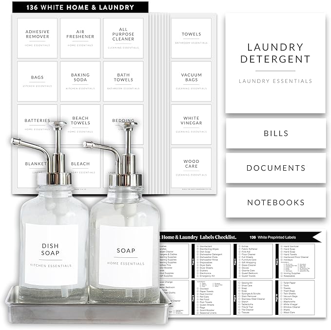 Laundry Labels for Jars, 136 Preprinted Home and Laundry Stickers for Storage by SAVVYSORTED%C2%AE