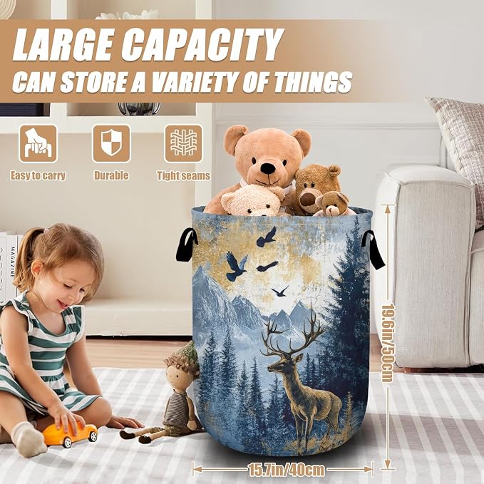 Misty Forest Deer Laundry Basket, Foldable Waterproof Laundry Hamper Tote Bag - Image 2