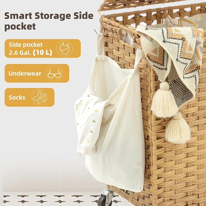 Laundry Hamper with Lid, 160L Rattan Wicker Laundry Basket with Wheels - Image 9