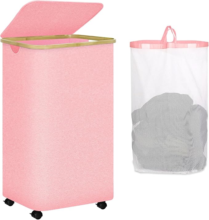 100L Pink Laundry Hamper on Wheels, Large Laundry Hamper by Dyreps