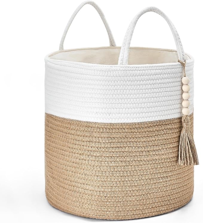 Mkono Woven Storage Basket Decorative Rope Basket Wooden Bead Decoration by Mkono