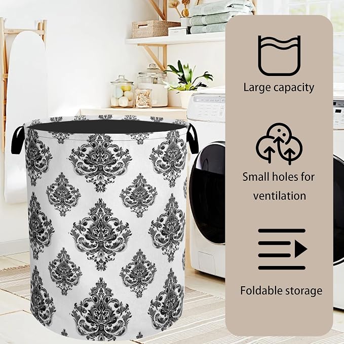 Black White Damask Flower Foldable Laundry Hamper - Image 7