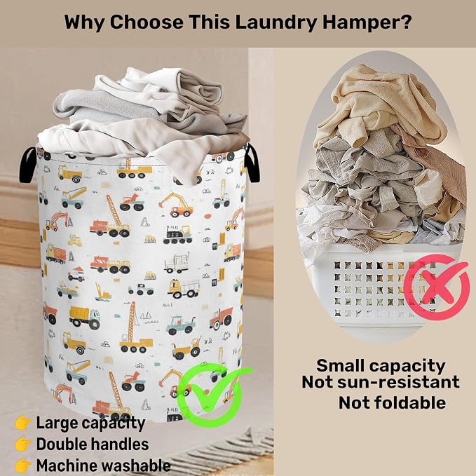 Cartoon Construction Vehicle Foldable Canvas Laundry Basket - Image 3